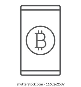 Bitcoin app thin line icon, finance and money, mobile sign, vector graphics, a linear pattern on a white background, eps 10.