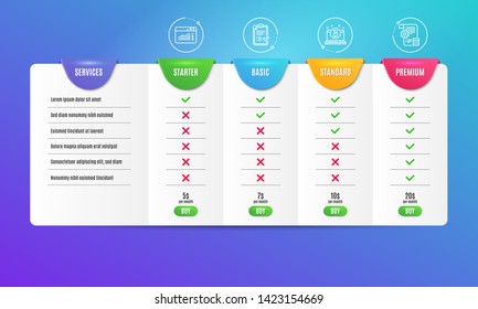 Bitcoin, Approved checklist and Web traffic icons simple set. Comparison table. Settings blueprint sign. Cryptocurrency laptop, Accepted message, Website window. Report document. Vector