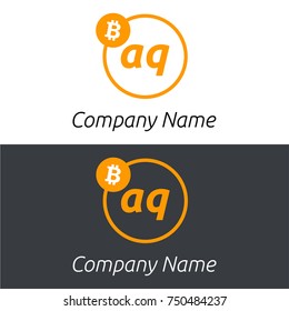 Bitcoin AQ letters business logo with bitcoin icon and modern design template elements. Two colors background.