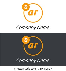 Bitcoin AR letters business logo with bitcoin icon and modern design template elements. Two colors background.