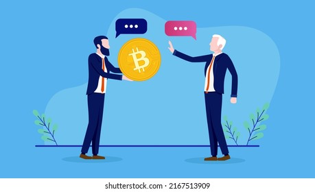 Bitcoin-Argument - Zwei Leute haben Uneinigkeit über Kryptowährung, diskutieren und diskutieren. Flaches design, Vektorgrafik