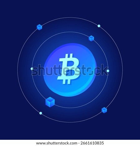 Bitcoin around by gradient blockchain cube icon. Virtual cryptocurrency trade. 3D neon crypto currency orbit network system connection with investment link system for financial tech with glow effect.