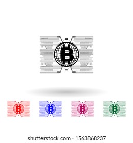 Bitcoin around the world multi color icon. Simple glyph, flat vector of cryptocurrency icons for ui and ux, website or mobile application
