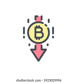 Bitcoin with arrow down color line icon. Cryptocurrency market goes down vector outline colorful sign.