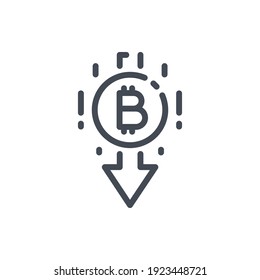 Bitcoin with arrow down line icon. Cryptocurrency market goes down vector outline sign.