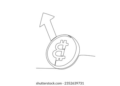 Una Bitcoin con una flecha apuntando hacia arriba. Dibujo de una línea de bitcoin