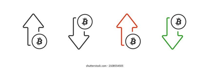Flecha de bitcoin subir y caer icono aislado en el estilo de línea. Concepto de moneda de negocio de vectores