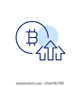 Bitcoin and arrows up. Digital currency investments, crypto earnings, wealth and portfolio. Pixel perfect, editable stroke icon