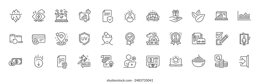 Bitcoin atm, Auction hammer and Iceberg line icons. Pack of Video conference, Recovery devices, Reward icon. Best laptop, Organic product, Dollar money pictogram. Money diagram. Line icons. Vector