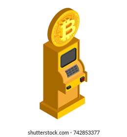Bitcoin ATM. Crypto currency cash dispenser. Virtual money cash machine. Vector Illustrator