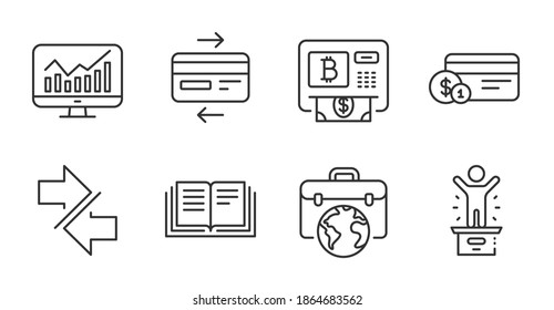 Bitcoin atm, Education and Winner podium line icons set. Credit card, Payment method and Statistics signs. Businessman case, Synchronize symbols. Quality line icons. Bitcoin atm badge. Vector