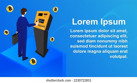 Bitcoin ATM-Illustrationsdesign. isometrische Vektorgrafik eines modernen Bitcoin-Geldautomaten, Geldautomaten und eines Geschäftsmanns, der Bitcoins kauft oder verkauft. Leerer Schreibbereich, Kopienraum, Hintergrund.