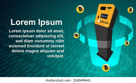 Diseño de ilustración de ATM de bitcoin. Vector isométrico de un cajero de bitcoin moderno en holograma. Área de escritura vacía, espacio de copia, fondo. Ilustración para banner, afiche, sitio web de blogs, anuncios.