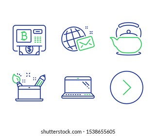 Bitcoin atm, Laptop and Teapot line icons set. World mail, Creativity concept and Forward signs. Cryptocurrency change, Computer, Tea kettle. Chat. Business set. Line bitcoin atm outline icons. Vector