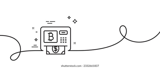 Bitcoin ATM line icon. Continuous one line with curl. Cryptocurrency cash sign. Dollar money symbol. Bitcoin atm single outline ribbon. Loop curve pattern. Vector