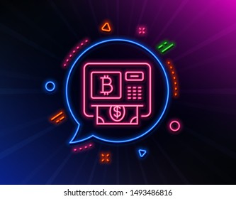 Bitcoin ATM line icon. Neon laser lights. Cryptocurrency cash sign. Dollar money symbol. Glow laser speech bubble. Neon lights chat bubble. Banner badge with bitcoin atm icon. Vector