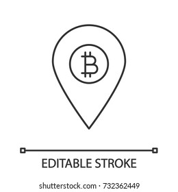 Bitcoin ATM location linear icon. Thin line illustration. Map pinpoint with bitcoin sign. Contour symbol. Vector isolated outline drawing. Editable stroke