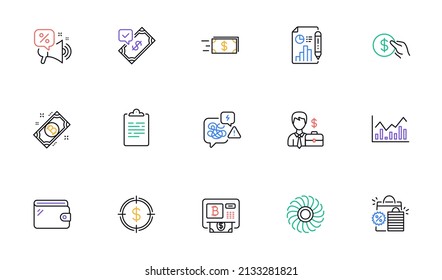 Bitcoin atm, Money transfer and Shopping bags line icons for website, printing. Collection of Payment, Wallet, Infochart icons. Dollar target, Clipboard, Bitcoin web elements. Fan engine. Vector