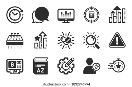 Bitcoin atm, Search and Ranking stars icons simple set. Time change, Timer and Calculator target signs. Breathable mattress, Settings gear and User idea symbols. Flat icons set. Vector