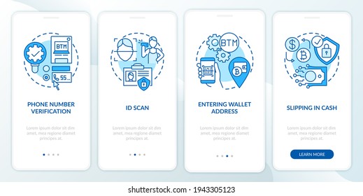 Bitcoin ATM verification steps onboarding mobile app page screen with concepts. Purchasing cash or debit card walkthrough 5 steps graphic instructions. UI vector template with RGB color illustrations