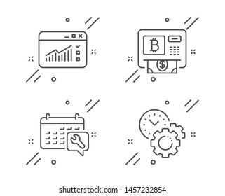 Bitcoin atm, Web traffic and Spanner line icons set. Time management sign. Cryptocurrency change, Website window, Repair service. Settings. Technology set. Line bitcoin atm outline icon. Vector