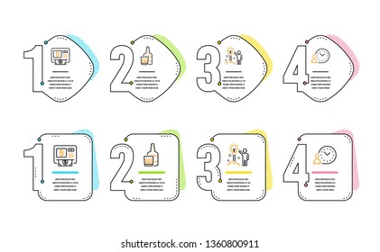 Bitcoin atm, Whiskey glass and Creative idea icons simple set. Time management sign. Cryptocurrency change, Scotch drink, Startup. Work time. Business set. Infographic timeline. Line bitcoin atm icon