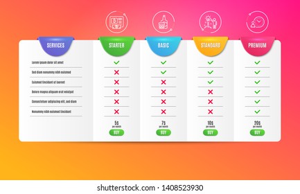 Bitcoin atm, Whiskey glass and Creative idea icons simple set. Comparison table. Time management sign. Cryptocurrency change, Scotch drink, Startup. Work time. Business set. Pricing plan. Vector