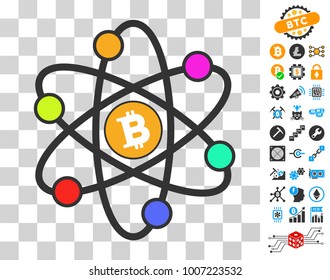 Bitcoin Atom pictograph with bonus bitcoin mining and blockchain pictures. Vector illustration style is flat iconic symbols. Designed for bitcoin ui toolbars.