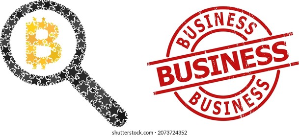 Bitcoin Audit-Sternmuster und grunge Business-Siegel Stempel. Rotes Wasserzeichen mit Grunge Textur und Geschäftswort im Kreis. Abstraktes Bitcoin Audit Mosaik ist mit randomisierten Flachstern-Elementen konzipiert.