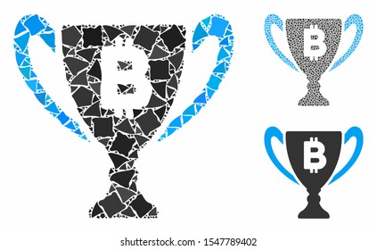 Bitcoin award cup mosaic of inequal items in variable sizes and color tints, based on Bitcoin award cup icon. Vector joggly items are combined into mosaic.
