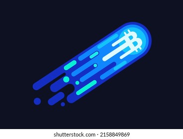 Bitcoin azure blue neon comet symbol flying in open space cartoon vector illustration.