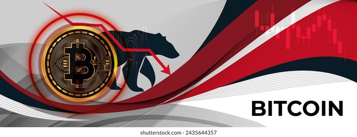 Fondo de Bitcoin, mercado Bear o tendencia bajista de ejecución en criptomoneda. Banner de bitcoin de intercambio comercial, gráfico de flecha roja hacia abajo para disminuir la pérdida de valor. Gráfico de precios de criptomonedas. Bitcoin ETF Vector