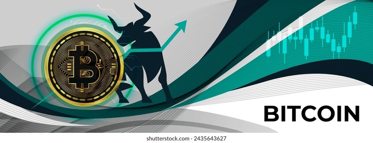 Bitcoin background, Bull market or bullish run trend in crypto currency. Trade exchange bitcoin banner, green up arrow graph for increase in value. Cryptocurrency price chart. Bitcoin ETF Vector