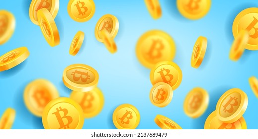 Bitcoin background, digital finance illustration, vector crypto currency wallpaper, golden flying coins. 3D mining web banner, business success concept, electronic economy clipart. Bitcoin background