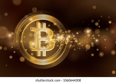 Bitcoin background with gold star dust texture. Golden Bitcoin token with glow in space vector illustration. 