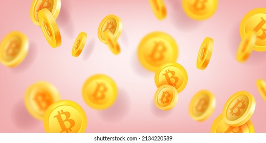 Bitcoin background, vector crypto currency wallpaper, golden flying coins, digital finance illustration. 3D mining web banner, electronic economy clipart, business success concept. Bitcoin background 