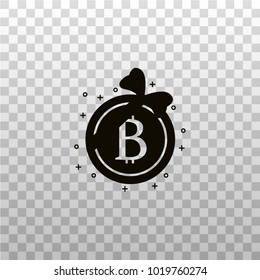 Bitcoin badge with ribbon - black silhouette icon. Bit coin label with banner. Cryptocurrency pictogram on isolated transparent background. Internet and virtual money symbol.