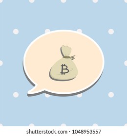 bitcoin bag in brown speech bubble cartoon object on blue background, vector illustration