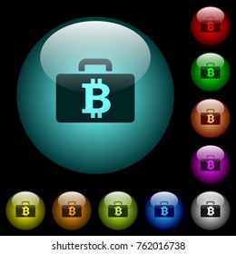 Bitcoin bag icons in color illuminated spherical glass buttons on black background. Can be used to black or dark templates