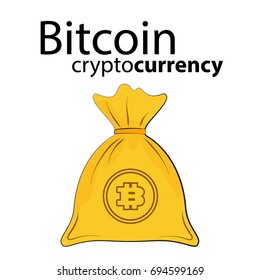 Bitcoin bag illustration. Virtual crypto currency Monet in flat bag. E-business funds symbol. Modern investment. Virtual web wealth funds