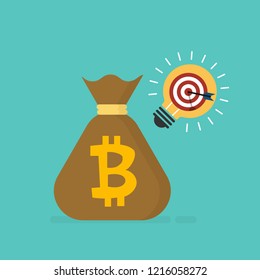Bitcoin bag and light bulb icon vector illustration