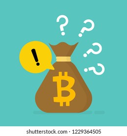 Bitcoin bag with yellow danger warning attention sign in a speech bubble and question mark icon vector illustration