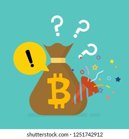 Bitcoin bag with yellow danger warning attention sign in a speech bubble and question mark icon vector illustration