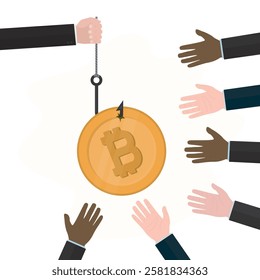 Bitcoin bait and trap, business concept. Hand holding cryptocurrency on fishing hook. Fake offer, high risk management for investors. Traders hands trying catch bitcoin profit. vector illustration