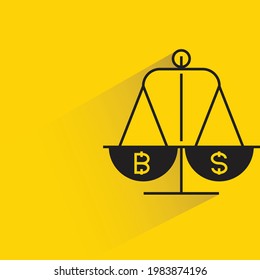 balanza de bitcoin con sombra sobre fondo amarillo