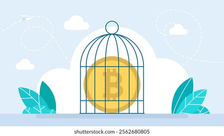 Bitcoin Ban. Arrest bills. Cartoon bitcoin in prison. Accounts are seized. Prohibition of trade in bitcoins. Cryptocurrency regulation, government try to control crypto. Vector illustration