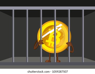 Bitcoin Ban. BTC illegal. Arrest bills. Cartoon bitcoin in prison vector illustration. Funny bitcoin.  Accounts are seized. Prohibition of trade in bitcoins. 