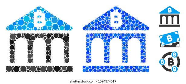 Bitcoin bank building composition of round dots in various sizes and color tones, based on Bitcoin bank building icon. Vector round dots are united into blue composition.
