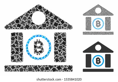 Bitcoin bank building mosaic of joggly elements in variable sizes and color hues, based on Bitcoin bank building icon. Vector joggly pieces are grouped into collage.