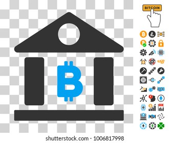 Bitcoin Bank Building pictograph with bonus bitcoin mining and blockchain design elements. Vector illustration style is flat iconic symbols. Designed for cryptocurrency websites.